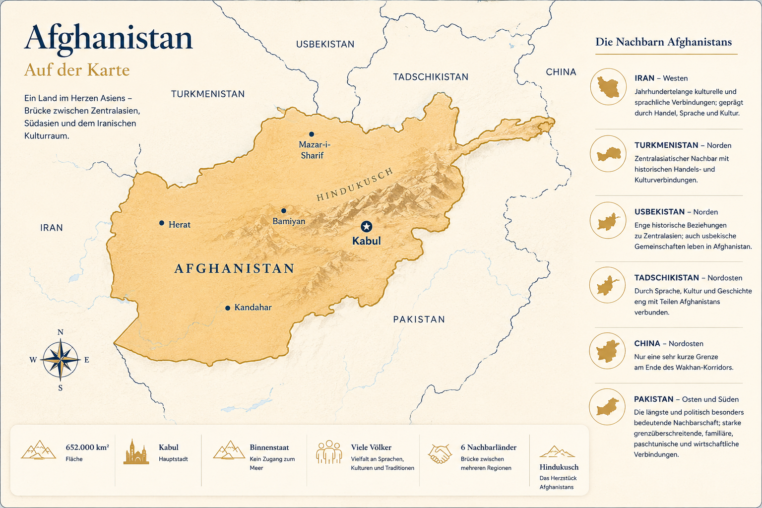Karte Afghanistans mit den sechs Nachbarländern Iran, Turkmenistan, Usbekistan, Tadschikistan, China und Pakistan sowie den Städten Kabul, Herat, Kandahar, Mazar-i-Sharif und Bamiyan